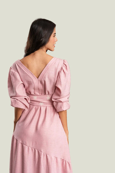 VESTIDO MATERNO LARGO CUELLO V CON CINTURÓN