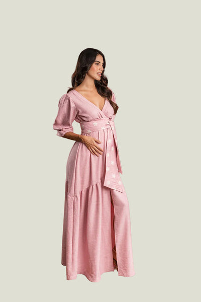 VESTIDO MATERNO LARGO CUELLO V CON CINTURÓN