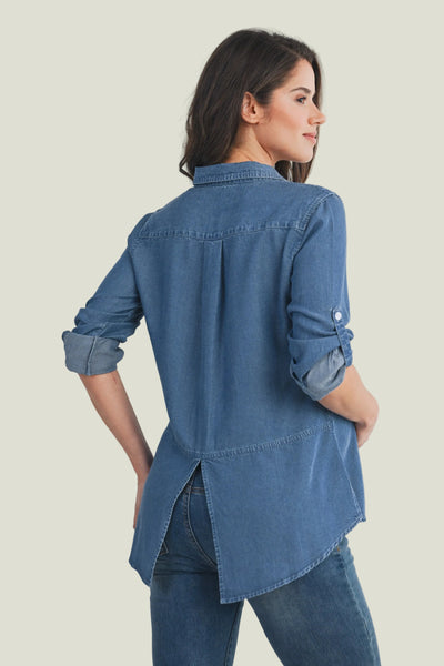 Blusa de Chambray de Manga  Larga con botones