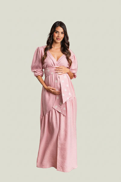 VESTIDO MATERNO LARGO CUELLO V CON CINTURÓN