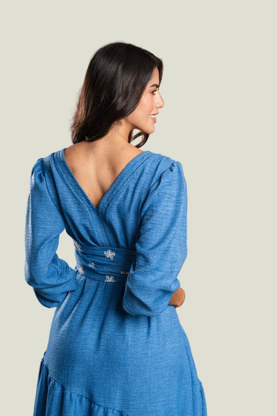 VESTIDO MATERNO LARGO CUELLO V CON CINTURÓN