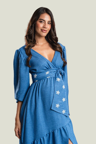 VESTIDO MATERNO LARGO CUELLO V CON CINTURÓN