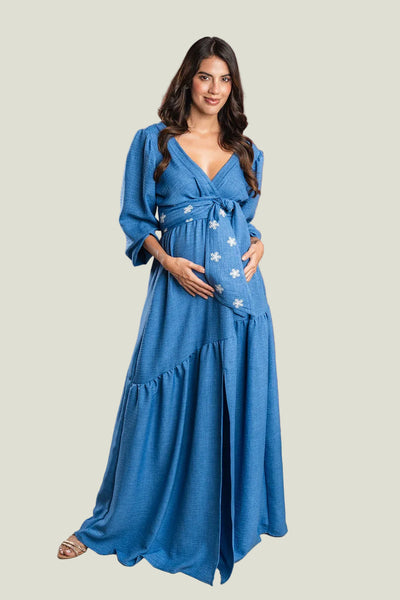 VESTIDO MATERNO LARGO CUELLO V CON CINTURÓN