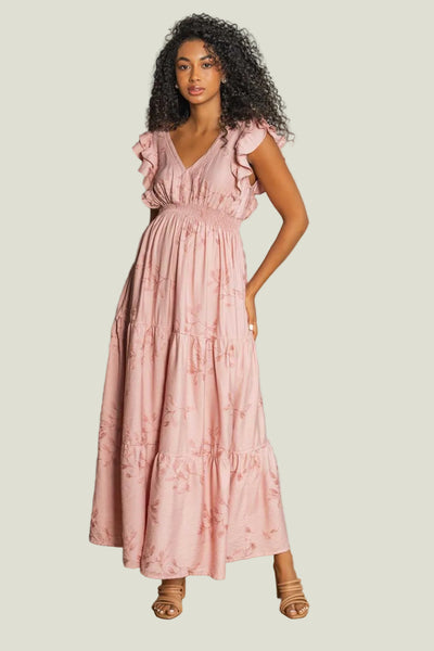 VESTIDO LARGO ESCOTE EN V CON MULTIPESPULANTES