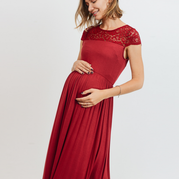 Vestido Largo con Encaje en Cuello y Mangas