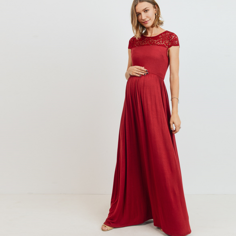 Vestido Largo con Encaje en Cuello y Mangas